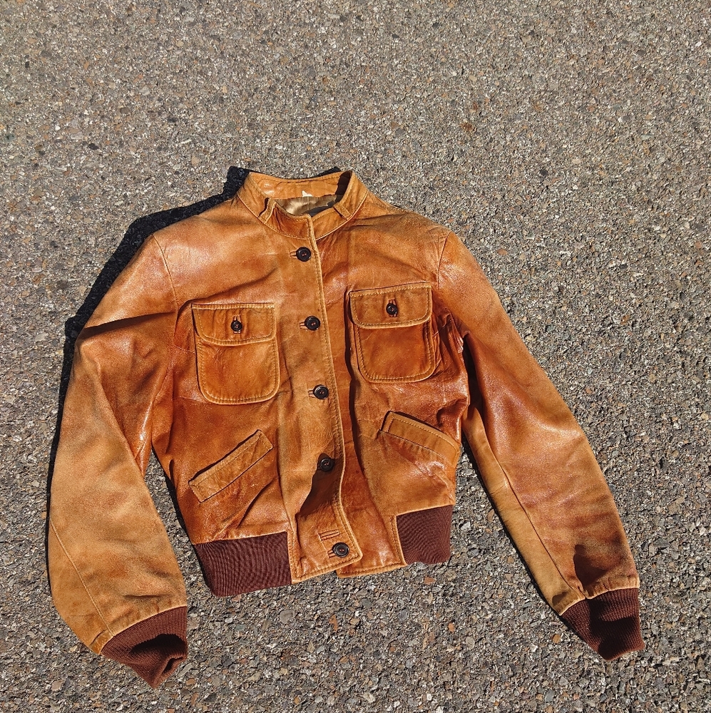 Womans Tan Leather Bomber Jacket